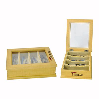 Light Yellow wooden optical storage box for 4 pairs with transparent window on the top