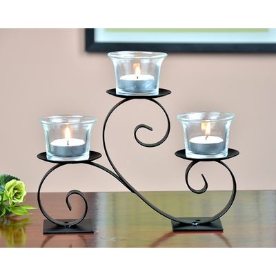 metal candle holder with three glass cup for home decoration