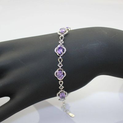 925 Silver Chain Bangle with Amethyst Cubic Zircon (H08)
