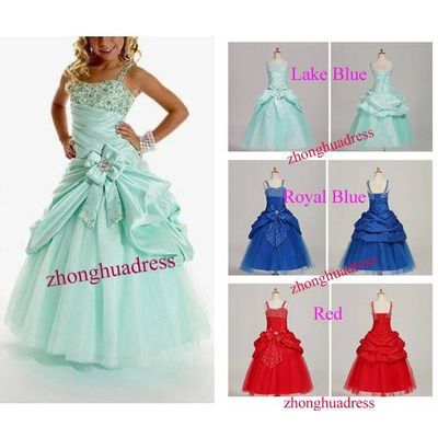 2014 Hot Sell New Stock Lake Blue/Royal Blue/Red Satin Taffeta Tulle Pleat Beading Flower Girl Dress