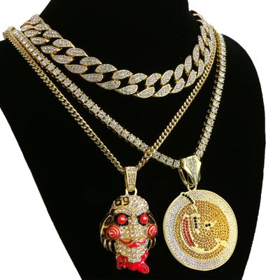Hip Hop Mask Necklace & Colorful Round Pendant Tennis Chain & Full Iced Out Crystal Cuban Necklace
