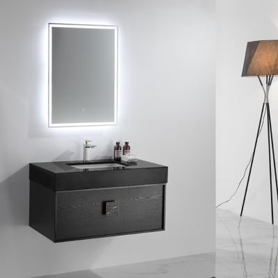 Floor standing solid wood bathroom cabinet with LED light rock slab basin and top