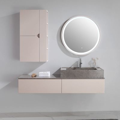 Wall mounted solid wood bathroom cabinet with LED light rock slab basin and top