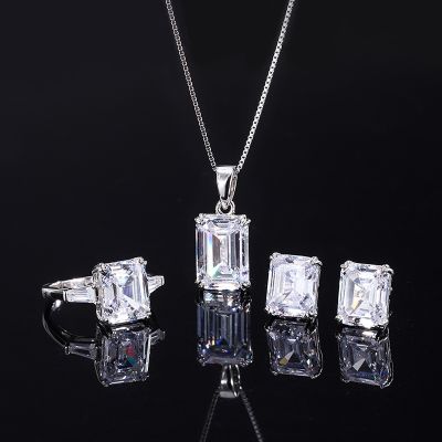 925 Sterling Silver Simulated Diamonds Jewelry Set Radiant Cut White Gems Square Pendant Ring Stud E