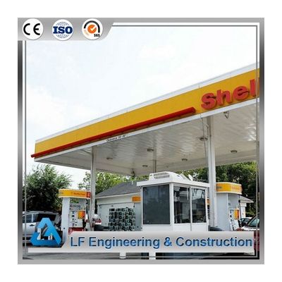 Steel roof space frame petrol station construction