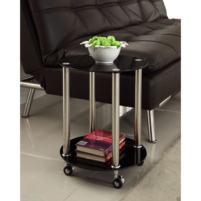 Black Glass 2 Tier Side Coffee End Table with Wheels Chrome Finish Stylish