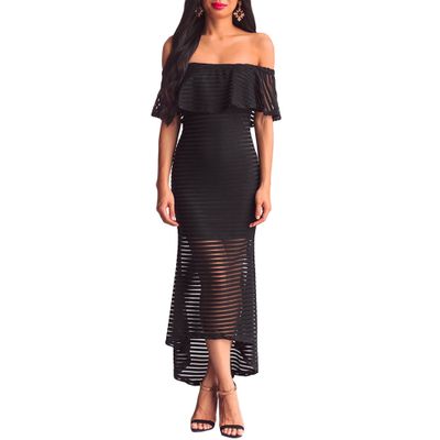 Black Sheer Mesh Striped Overlay Slinky Party Dress
