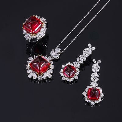Sterling Silver Synthetic Ruby With CZ Accentsl Halo Ring Pendant and Drop Earrings Set