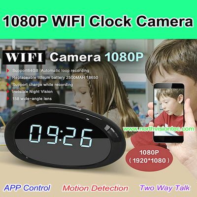 WI-B1080, 1080P WIFI Clock Camera,FHD 1080P,158 degree wide-angle lens,H.264,App Control,Support 64G