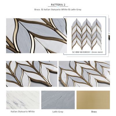 Leaf Shape Water jet Italy Statuario Mixed Grey Marble and Brass Gold Mosaic Tile Waterjet Mosaic Ti