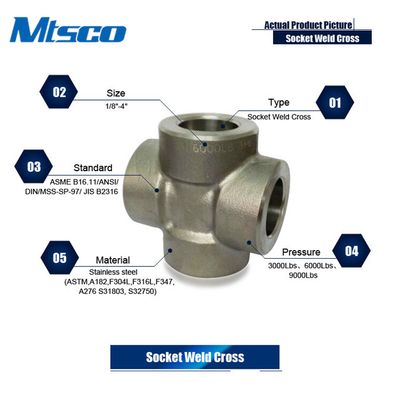 Socket Welded F304L / 316L Forged High Pressure Pipe Fitting Stainless Steel Cross