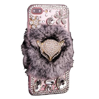 Luxury Crystals Rex Rabbit Fur Cell Phone Case for iPhone X/8/7/6splus Samsung S6/S7/S8+