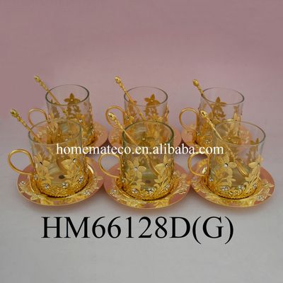 hot sale new design golden glass tea cup with saucer