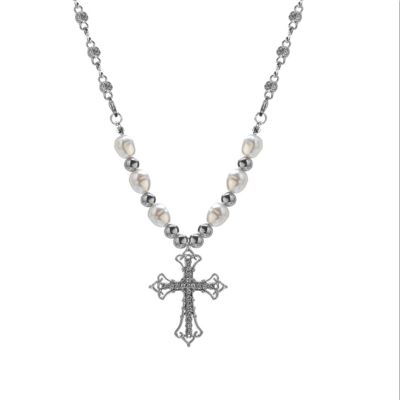 Pearl and Rhinestone Cross Necklace