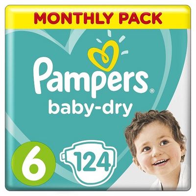 Pampers Baby-dry Size 6, 124 Nappies, (13-18 Kg), Monthly Pack