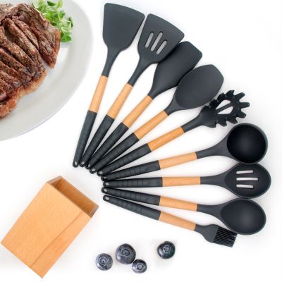 Amazon Hot Sale Silicone Utensil Set With Holder cozinha 10pcs Wooden Handle Silicone Cooking Tools