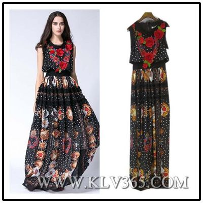 Hot Sale Latest Design Women Fashion Summer Sleeveless Silk Satin Flower Elegant Long Evening Dress