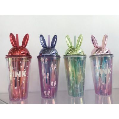 2022 high quality new plastic double wall tumbler with straw with rabbit lid