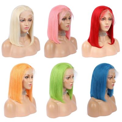 Unprocessed 16inch red green yellow blue grey purple colored bob wig human hair swiss lace front