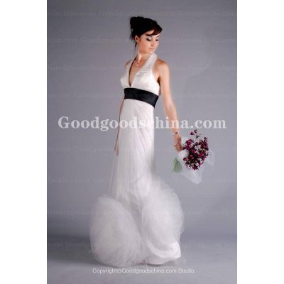Vera Wang Inspired Empire V-neck Sleeveless Sweep Train Tulle and Satin Wedding Dress with Ruffles (