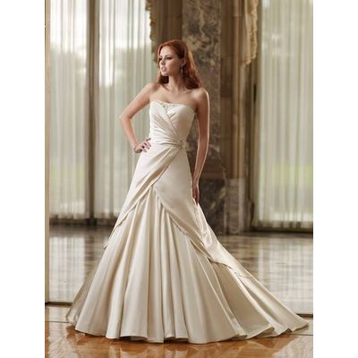 A-line Strapless Sleeveless Court Train Satin Wedding Bride Dress with Ruffles and Beading