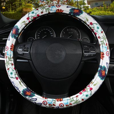 PU LEATHER WHITE FLOWERS CAR STEERING WHEEL COVER
