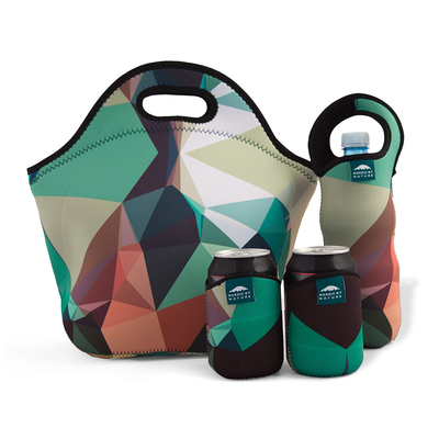 Insulated Extra Large Neoprene Lunchbox Tote Lunch Bag Set: Tote + Bottle Sleeve + 2 Can Insulators