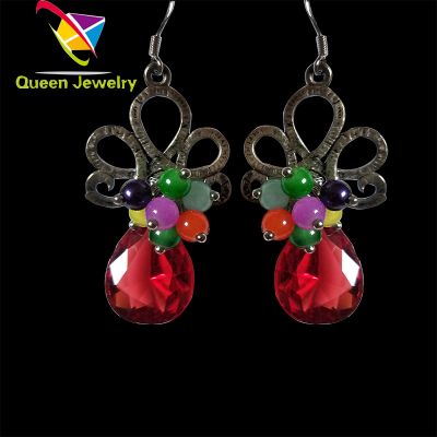 European fashion earring 2018 silver plated colorful bead red teardrop rhinestone handmade earrings