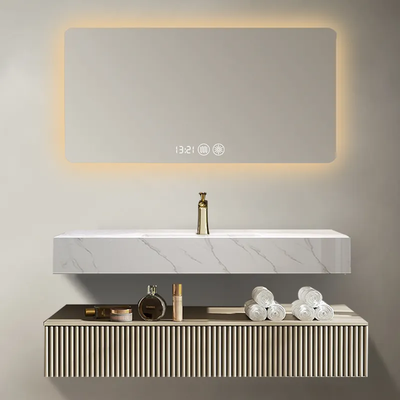 Wall mounted solid wood bathroom cabinet with LED light rock slab basin and top
