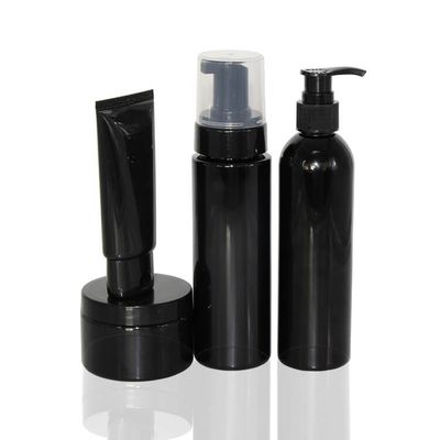 Black cosmetic plastic bottle, jar and tube