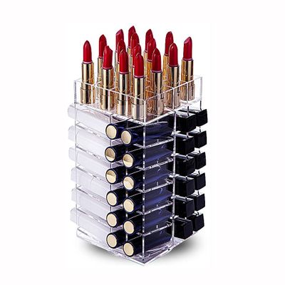 Clear Lipstick Tower, 360 Rotating Cosmetic Organizer with 64 Slots Lipgloss Storage Display Holder