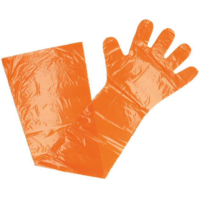 Disposable food grade 100% new ldpe+EVA 90cm 92cm 6g 7g 8g orange red transparent long gloves