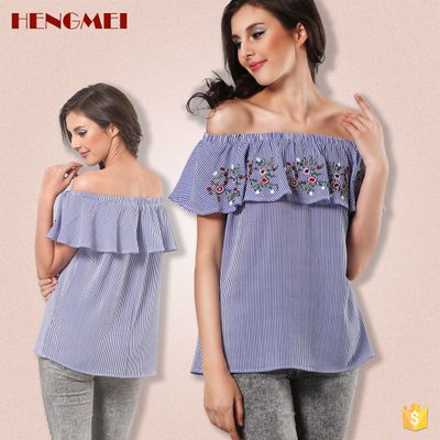Hengmei woman sexy shirt embroidered blouse off shoulder chiffon top