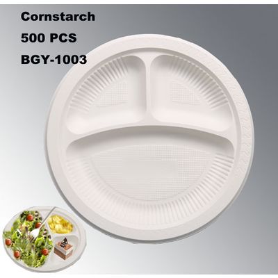 10 inch Biodegradable Disposable Cornstarch Plate Dish BGY-1003 with 3 compartments