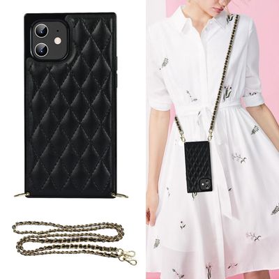 Crossbody PU Leather Wallet Handbag Mobile Phone Case for iPhone 12 Pro with Necklace Shoulder Strap