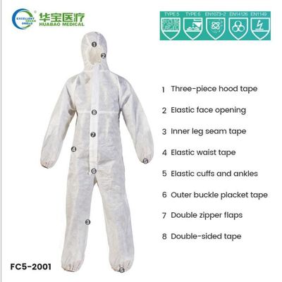 FC5-2001 Hooded Protective Coverall    Type 5 Coveralls     Breathable Hooded Protective Coverall