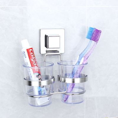DOGO Double Toothbrush Cup with Red Alarm Suction Cup Stainless Steel Toothbrush Holder--DG-SF6012D