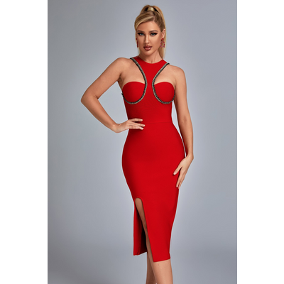 2022 New Summer Red Color Neck-mounted Dress Bra Dress Split Dress Rayon Bandge Nightclub Style