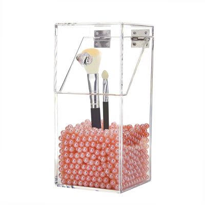 Covered Makeup Brush Holder with Dustproof Lid, Pearls Beads Large Capacity Acrylic