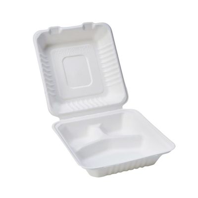8x8x3" Eco-Friendly Biodegradable Sugarcane Bagasse Clamshell 3 Compartment Container Food Packaging