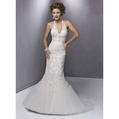 Mermaid Halter Sleeveless Court Train Lace and Tulle Wedding Bride Dress with Beading and Embroidery