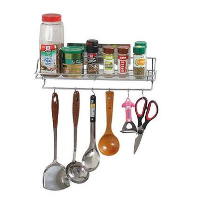 Reusable Adhesive Stainless Kitchen Accessories Shelf With 6 Hooks
