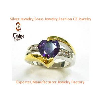 Fashion 925 Sterling Silver jewelry ring with heart shape Amethyst CZ stones and Genuine gold platin