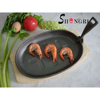 SR019 Pre-Seasoned Cast Iron Grill Pan Oval Steak Plate With Wooden Tray