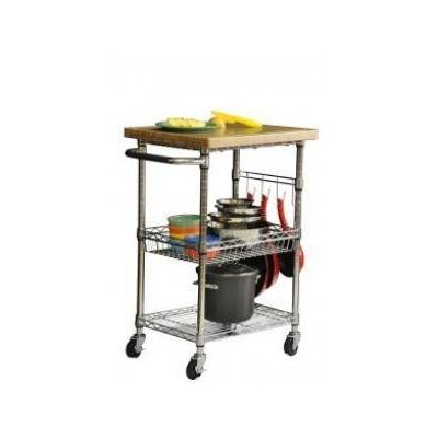 Chrome Metal Kitchen Trolley with Bamboo Top
