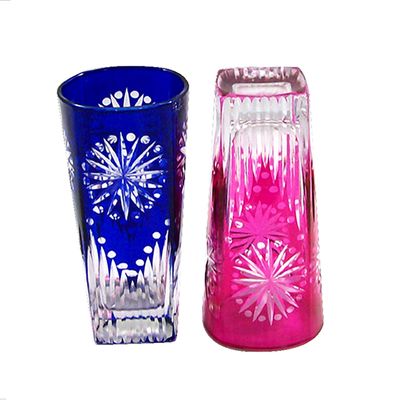 hand engraved blue and pink glass cup for drinking water