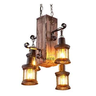 Vintage wooden light hanging metal box lamp led lights chandelier