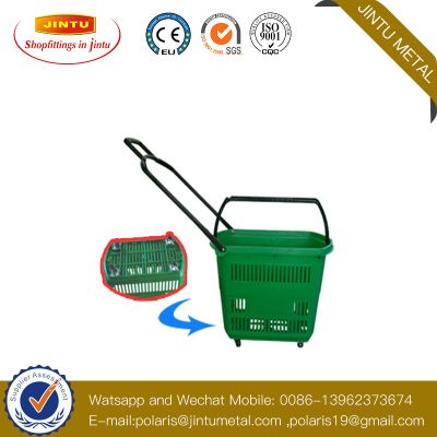 Plastic Supermarket Rolling Shopping Trolley Basket with Wheels for Retail Grocery Store