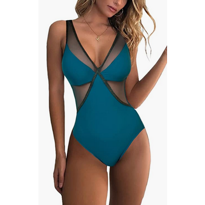 Womens Deep V Neck Mesh Tommy Control One Piece Swimsuits Triagnle Push Up Gliter Bathing Suits