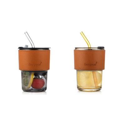 400ml Glass Tumbler with Straw and Lid,Glass Cup with Leather Protective Sleeve, Glass Water Bottles